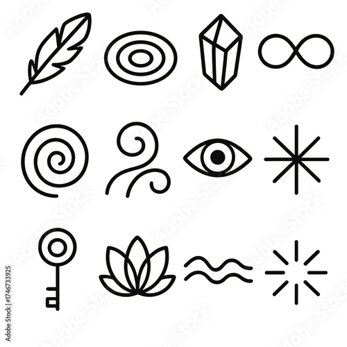Abstract Symbolic Icons. Symbolic sensitivity outline set. feather, ripple circle, crystal, infinity loop, spiral, abstract swirl, eye, starburst, key, lotus flower, wave line