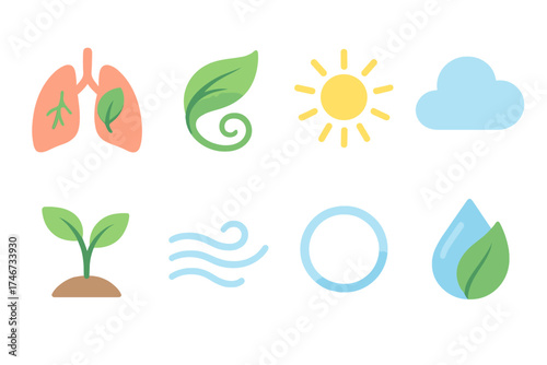 Healthy Air Icons. Healthy air isometric set. open lungs symbol, leaf with swirl, shining sun, clear sky cloud, plant sprout, flow lines, airy circle, eco drop.