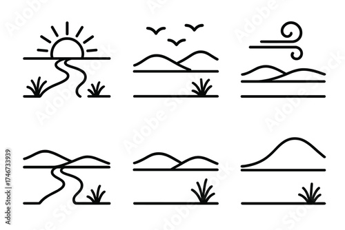 Sunrise Prairie Scene. Scenic prairie outline set. horizon line, sunrise, flock of birds, path, hill, breeze swirl.