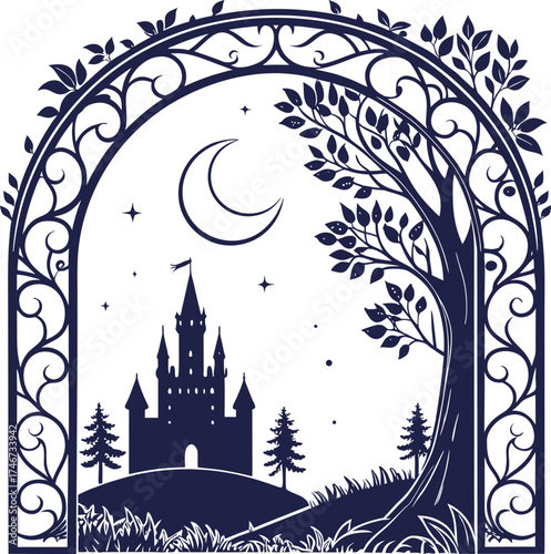 Fairytale Castle Silhouette with Crescent Moon, Stars, Ornate Arch and Tree at Night – Fantasy Vector Illustration for Storybook, Poster, Decor, or Children's Art