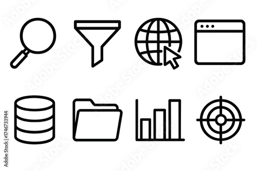 Search Icons Set. General Search Scope outline set. magnifying glass, filter funnel, globe with cursor, browser window, database cylinder, file folder, bar chart, target bullseye.