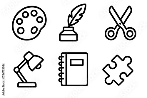 Artistic Tools Icons. Creative workshop outline set. palette, feather quill, scissors, notebook, lamp, puzzle piece.
