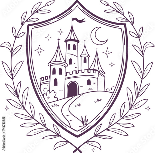 Medieval Castle Shield Emblem with Crescent Moon and Laurel Wreath, Hand Drawn Fantasy Fortress Vector Illustration for Coat of Arms, Logo, or Vintage Fairytale Design