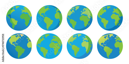 Eight stylized earth globes showing different continents and oceans in a grid layout