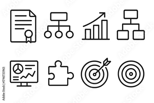 Strategic Icon Set. Project Workgroup outline set. contract document, strategy map, bar chart, rising arrow, flowchart, KPI dashboard, puzzle piece, target bullseye.