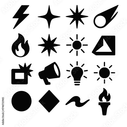 Brutalist Icon Set. Flash silhouette set. lightning bolt, spark, starburst, glowing spark, flame, sun, comet, prism, camera flash, spotlight, bulb, radiant aura, circle, diamond