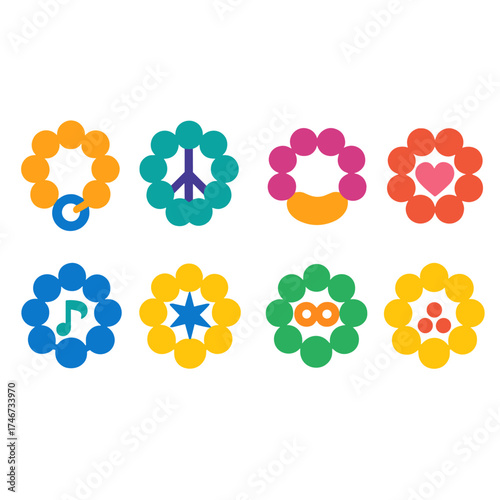 Colorful Symbolic Beads. Symbolic beads flat icon set. unity beads, peace beads, gratitude beads, heart beads, harmony beads, guiding star beads, eternal circle beads, abundance