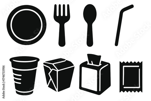 Disposable Utensils Icons. Disposable Utensils silhouette set. paper plate, plastic fork, wooden spoon, straw, plastic cup, takeout container, napkin dispenser, condiment packet.