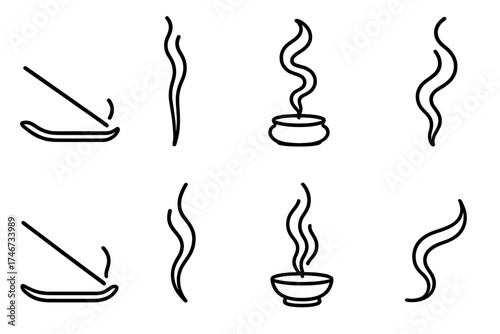 Incense Smoke Icons. Aromatic trail outline set. smoking incense, tall smoke line, spiral smoke, incense burner, drifting wisp, glowing stick, wave of smoke, calm aura.
