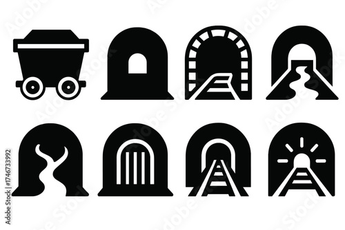 Underground Icon Set. Tunnel silhouette set. mine cart, tunnel silhouette, brick-lined arch, water channel, underground path, gate bars, railway portal, glowing end.