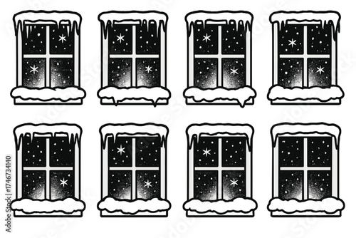 Frosted Window View. Snowy window outline set. frosted window, snow on sill, icicles hanging, window with snowflakes, glowing light inside, cross-pane window, snowy frame, night