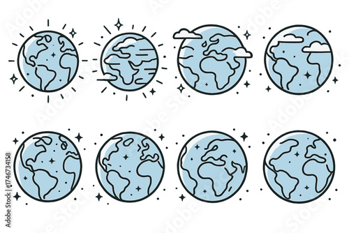 Glowing Earth Icons. Blue planet outline set. globe with oceans, earth with clouds, shining sphere, planet with water, starry globe, world icon, glowing earth, rotating planet.