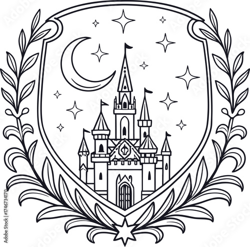 Elegant Medieval Castle Crest with Laurel Wreath, Crescent Moon, and Stars – Fantasy Heraldic Shield Vector Illustration for Coat of Arms, Logo, or Vintage Badge Design