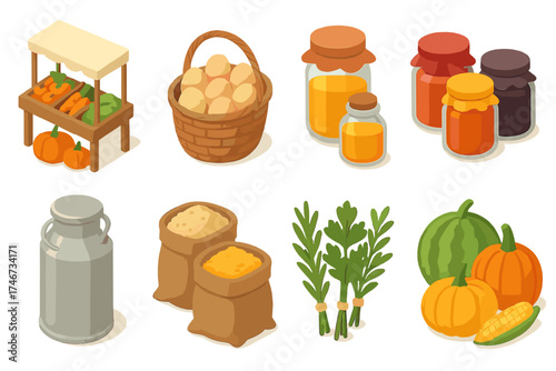 Isometric Farmers Market Icons. Farmers market isometric set. fresh produce table, egg basket, honey jar stall, jam jars, milk can, grain sacks, herb bunches, seasonal produce.