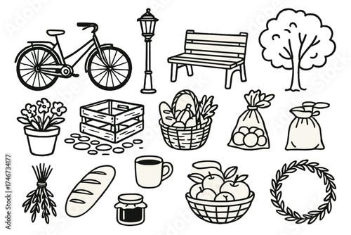 Charming Market Scene. Local feel outline set. bicycle, street lamp, bench, tree, flower pot, cobblestone path, rustic crate, basket of goods, produce bag, herb bundle, bread loaf