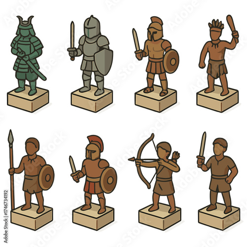 Iconic Warrior Statues. Historic figures isometric set. samurai statue, knight statue, gladiator statue, tribal warrior statue, spear warrior statue, shield warrior statue, archer