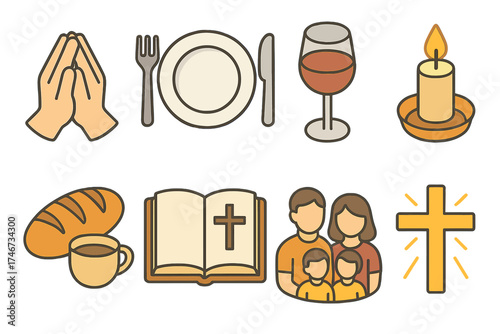 Blessing Icon Set. Mealtime blessing isometric set. hands clasped, dinner plate, wine glass, candlelight, loaf and cup, open scripture, family gathering, shining cross.