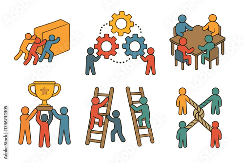 Teamwork Icon Set. Group Effort isometric set. crowd pushing object, cogwheel network, team around table, lifting trophy together, shared ladder, woven rope.