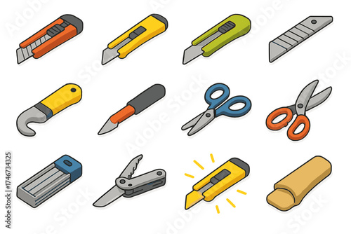 Isometric Cutting Tools. Tool icons isometric set. box cutter, utility knife, folding knife, retractable blade, snap-off blade, safety cutter, hooked cutter, precision knife