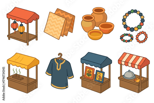 Isometric Cultural Market Icons. Cultural market isometric set. lantern stall, woven mats, ceramic pots, bead jewelry, incense stall, traditional clothing, folk art stall, street