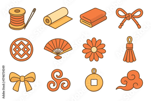 Traditional Robe Elements. Traditional robe isometric set. thread spool, needle, fabric roll, sash, knot, pattern motif, fan, flower, tassel, ribbon, swirl, charm.