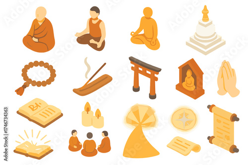 Spiritual Practice Icons. Spiritual practice isometric set. monk in robe, meditating figure, seated lotus, prayer beads, incense stick, temple gate, stupa, sacred text, candle