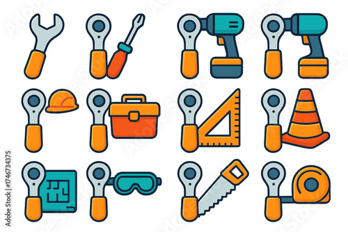Vibrant Ratchet Tools Icons. Ratchet Tools flat icon set. ratchet with wrench, ratchet with screwdriver, ratchet with pliers, ratchet with drill, ratchet with helmet, ratchet with