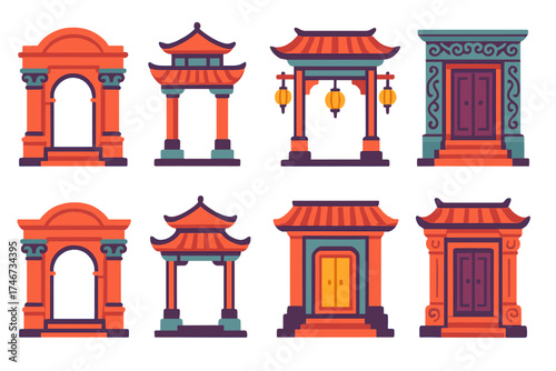 Vibrant Heritage Gate. Heritage gate flat icon set. historic arch, sculpted pillars, pagoda roof, temple threshold, hanging ornaments, detailed carving, gate with steps, shrine