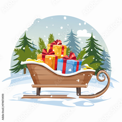 Verschneiter Schlitten mit Geschenken im Wald