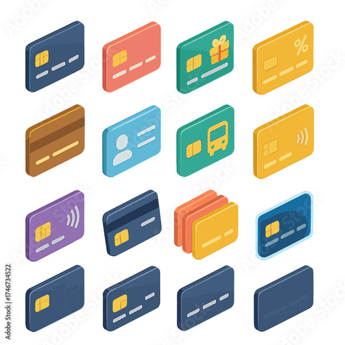 Modern Isometric Card Icons. Card icons isometric set. credit card, debit card, bank card, gift card, loyalty card, discount card, membership card, ID card, transit card, smart