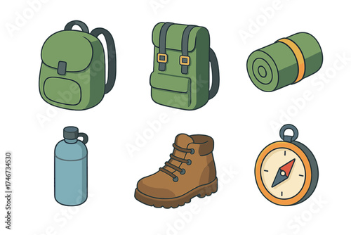 Isometric Backpack Icon Set. Backpack icon isometric set. rounded pack, buckle straps, rolled blanket, water bottle, hiking boots, compass badge