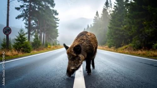 Wild boar on a foggy road