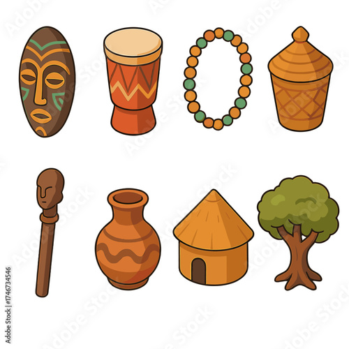 Cultural Symbols Icons. Cultural symbols isometric set. tribal mask, drum, bead necklace, woven basket, carved staff, pottery vase, traditional hut, ancestral tree.