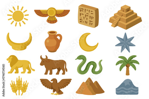 Mesopotamian Symbols Collection. Mesopotamian symbols isometric set. sun disk, winged sun, cuneiform tablet, ziggurat, horned crown, water jug, crescent moon, star of Ishtar, lion