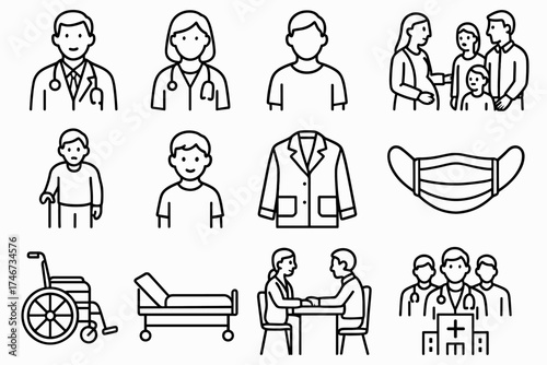 Healthcare Team Scene. Doctor visuals outline set. doctor figure, nurse figure, patient figure, family with doctor, elder patient, child patient, lab coat, medical mask, protective