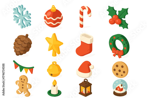 Isometric Festive Icons. Festive extras isometric set. snowflake, ornament, candy cane, holly, pinecone, star topper, stocking, wreath, garland, jingle bell, festive hat, cookie