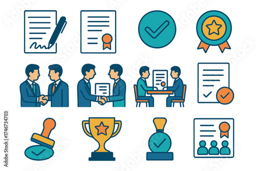 Business Recognition Icons. Acknowledgment Business flat icon set. signed contract, award certificate, seal of approval, recognition badge, manager handshake, meeting agreement