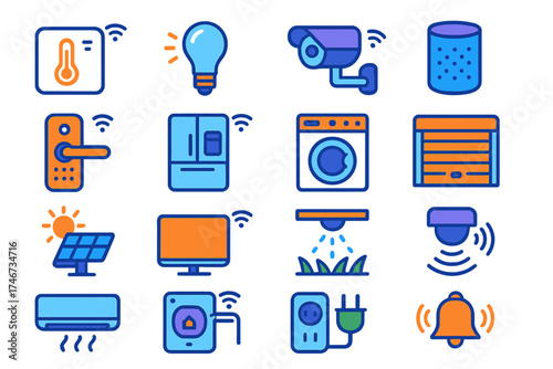 Modern Smart Home Icons. Home Automation flat icon set. smart thermostat, light bulb, security camera, voice assistant, door lock, smart fridge, washing machine, garage door, solar