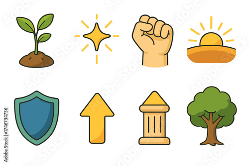 Resilience Icon Set. Perseverance symbol isometric set. growing sapling, glowing starburst, strong pillar, clenched fist icon, sunrise horizon, shield aura, upward arrow, resilient