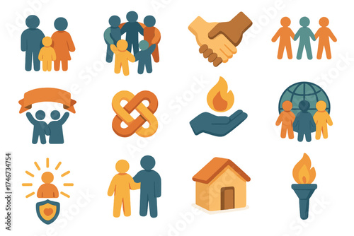 Isometric Community Icons. Community set isometric set. family figures, group circle, clasped hands, people holding hands, banner of hope, unity knot, shared flame, globe with