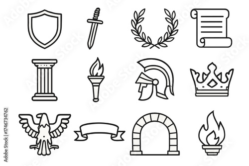 Historic Icons Collection. Historic hat outline set. shield, sword, laurel wreath, scroll, column, torch, helmet, crown, eagle, banner, stone arch, flame.