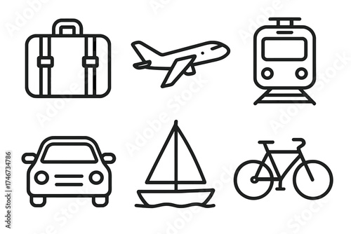 Travel Icons. Travel escape outline set. suitcase, airplane, train, car, sailboat, bicycle.
