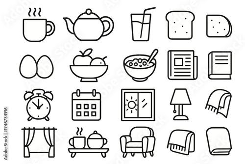 Morning Ritual Outlines. Daily rituals outline set. steaming mug, teapot, glass of juice, toast, eggs, fruit bowl, cereal bowl, newspaper, book, alarm clock, calendar, window with
