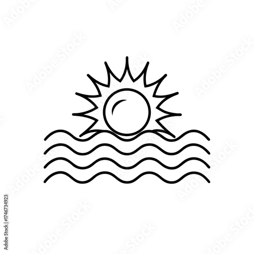 Sun rising over the wavy ocean line on transparent background silhouette