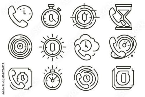 Outline Timer Icons. Call Timer Creative outline set. neon phone with timer, glowing stopwatch with handset, holographic timer clock, crystal hourglass phone, cosmic time rings