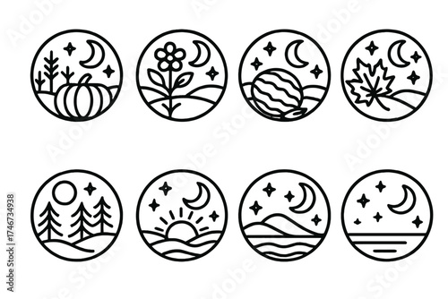 Seasonal Nights Icons. Seasonal nights outline set. harvest night, spring bloom night, summer heat night, autumn leaf night, winter snow night, equinox night, solstice night