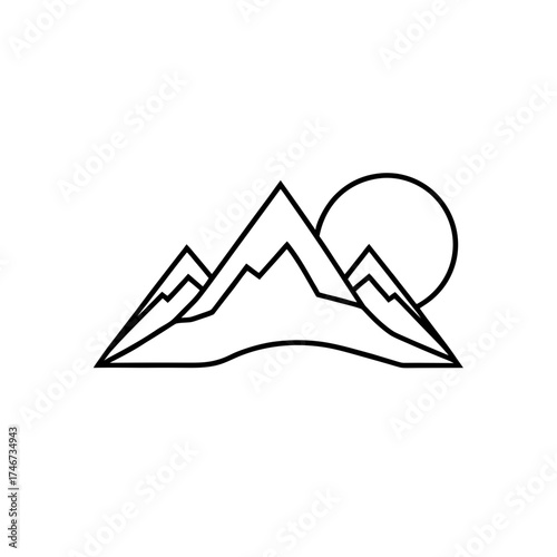 Three mountains and a rising sun line on transparent background silhouette