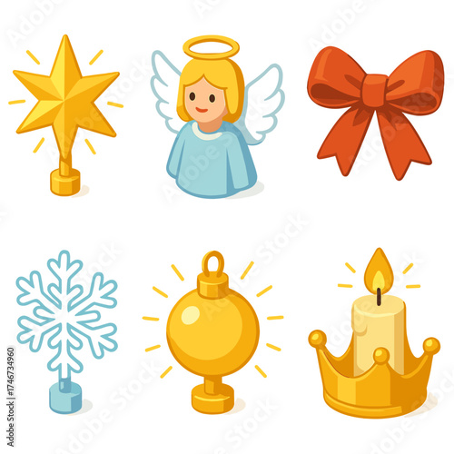Festive Topper Icons. Holiday topper isometric set. radiant star, angel with wings, spiral topper, festive bow, shining snowflake, glowing ornament, golden crown, candle topper.