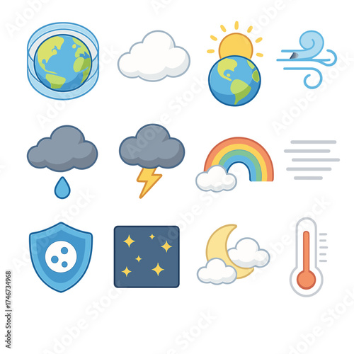 Isometric Weather Icons. Atmosphere Basics isometric set. Earth with air layers, cloud icon, sun above Earth, wind swirl, raindrop with cloud, storm cloud, rainbow, fog icon, ozone