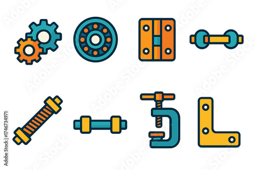Mechanical Icon Set. Mechanical fitting flat icon set. gear joint, bearing, hinge, threaded rod, axle connection, machine clamp, spring, bracket.